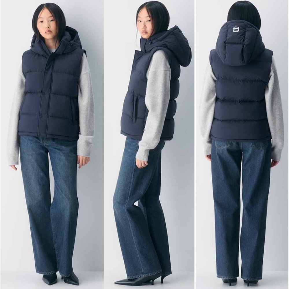 Aritzia Tna Women Medium Navy The Super Puff Vest Zip Hood EUC - Picture 13 of 13